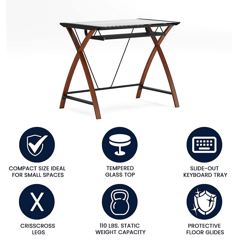 The image features a wooden desk with a tempered glass top. It is designed to be compact and ideal for small spaces, with a slide-out keyboard tray for added convenience. The desk has a static weight capacity of 110 lbs, making it suitable for use in various settings. Additionally, the desk is equipped with protective floor glides, ensuring stability and preventing damage to the floor. The desk is also available in a variety of leg styles, including crisscross legs, for a customized look.