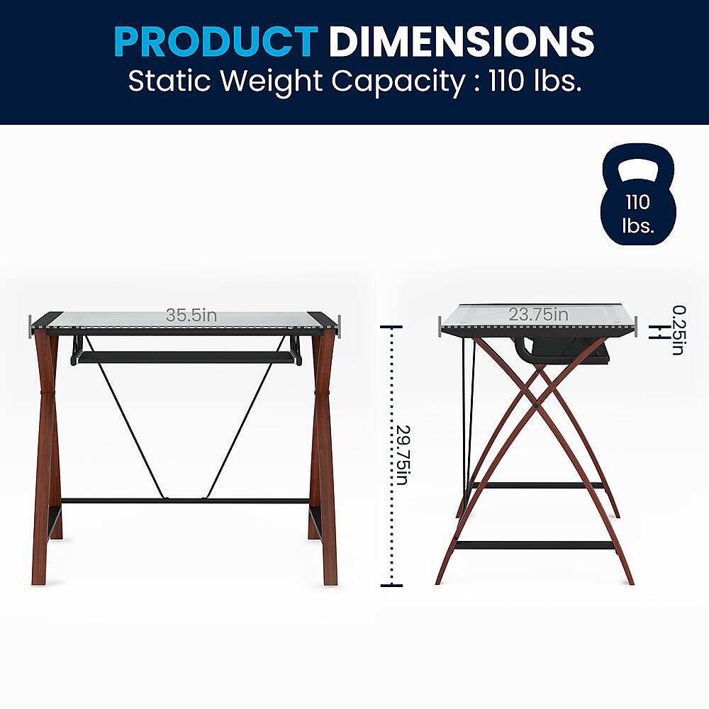 The image showcases a product with a static weight capacity of 110 lbs. The dimensions of the product are 35.5 inches in length, 23.75 inches in width, and 0.25 inches in height. The product appears to be a table or a stand, designed to support a weight of up to 110 lbs.