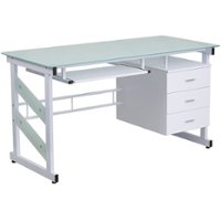 Flash Furniture - Computer Desk with Frosted Glass Top and Three Drawer Pedestal - Frosted/White - Front_Zoom