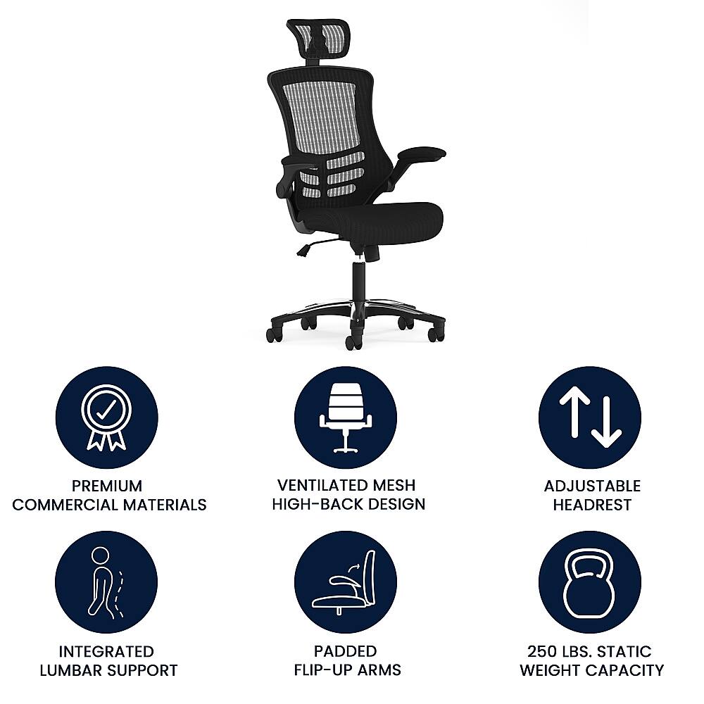 The image features a black office chair with a mesh back and a headrest. The chair is made of premium commercial materials and has a high-back design. It also has an integrated lumbar support and padded flip-up arms, which can be adjusted. The chair is designed to hold up to 250 lbs of static weight capacity.