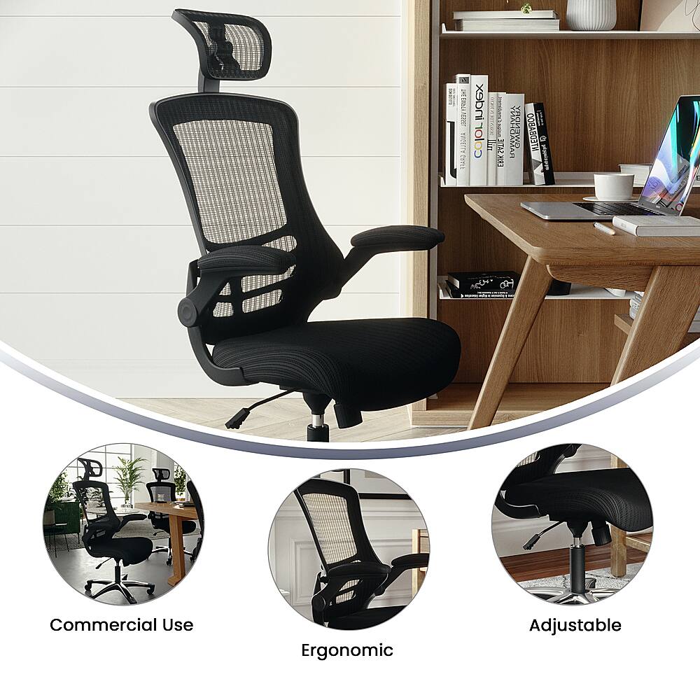 The image features a black office chair with a mesh back and a padded seat. The chair is placed in front of a wooden desk with a laptop and multiple books. The chair is described as being suitable for commercial use, ergonomic, and adjustable. The presence of the laptop and books suggests that the chair is meant for use in a workspace or office environment.