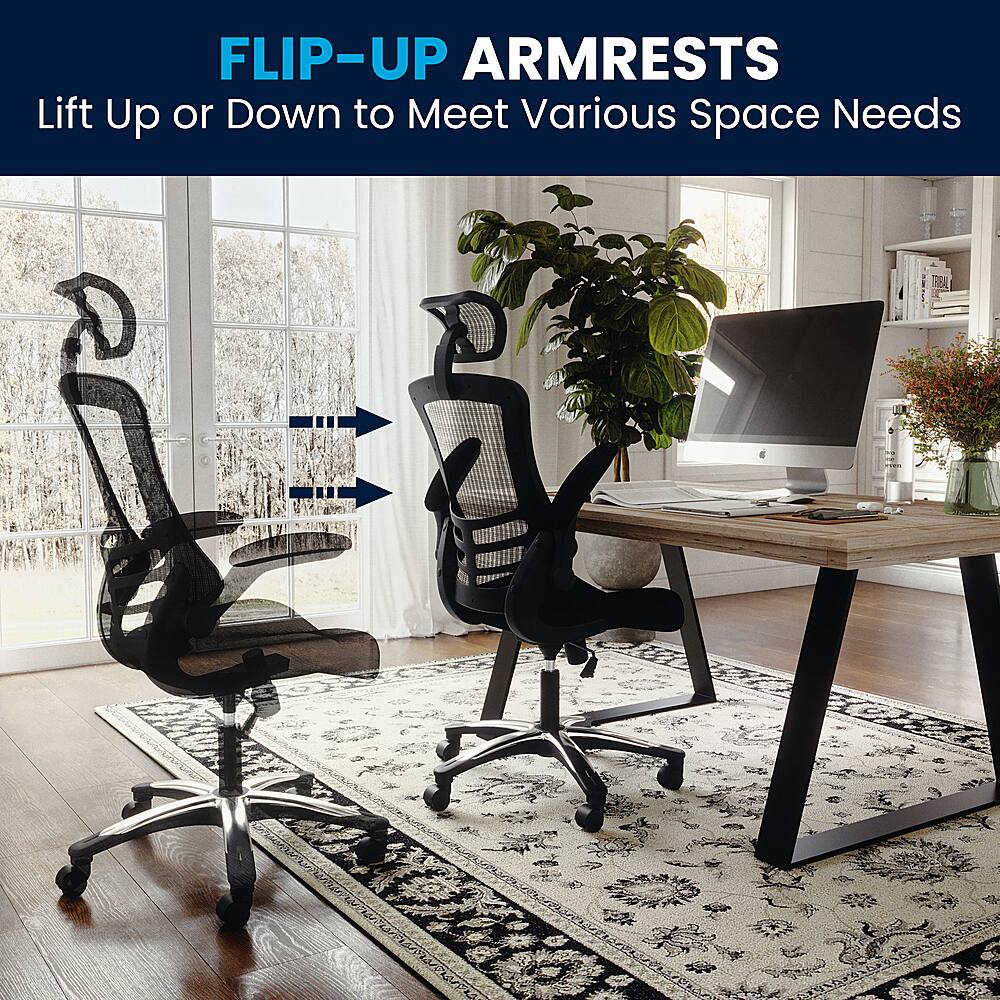 The image showcases a modern office space with a desk and two chairs. One of the chairs has a flip-up armrest, which can be adjusted to meet various space needs. This feature allows for flexibility in the office environment, making it suitable for different work styles and preferences. The chairs are positioned in front of a desk, which is equipped with a keyboard and a mouse. Additionally, there are two potted plants in the room, adding a touch of greenery and enhancing the overall aesthetic of the space.