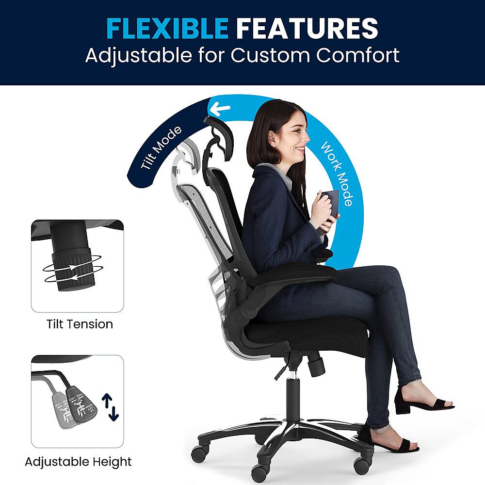 The image features a woman sitting in an office chair with various adjustable features. The chair has a tilt function, allowing the user to adjust the angle of the chair seat. It also has a work mode, which could be a specific setting for tasks that require better posture or support. The chair is adjustable in height, providing custom comfort for the user. Additionally, the chair has a tilt tension feature, which allows the user to adjust the level of resistance when tilting the chair.