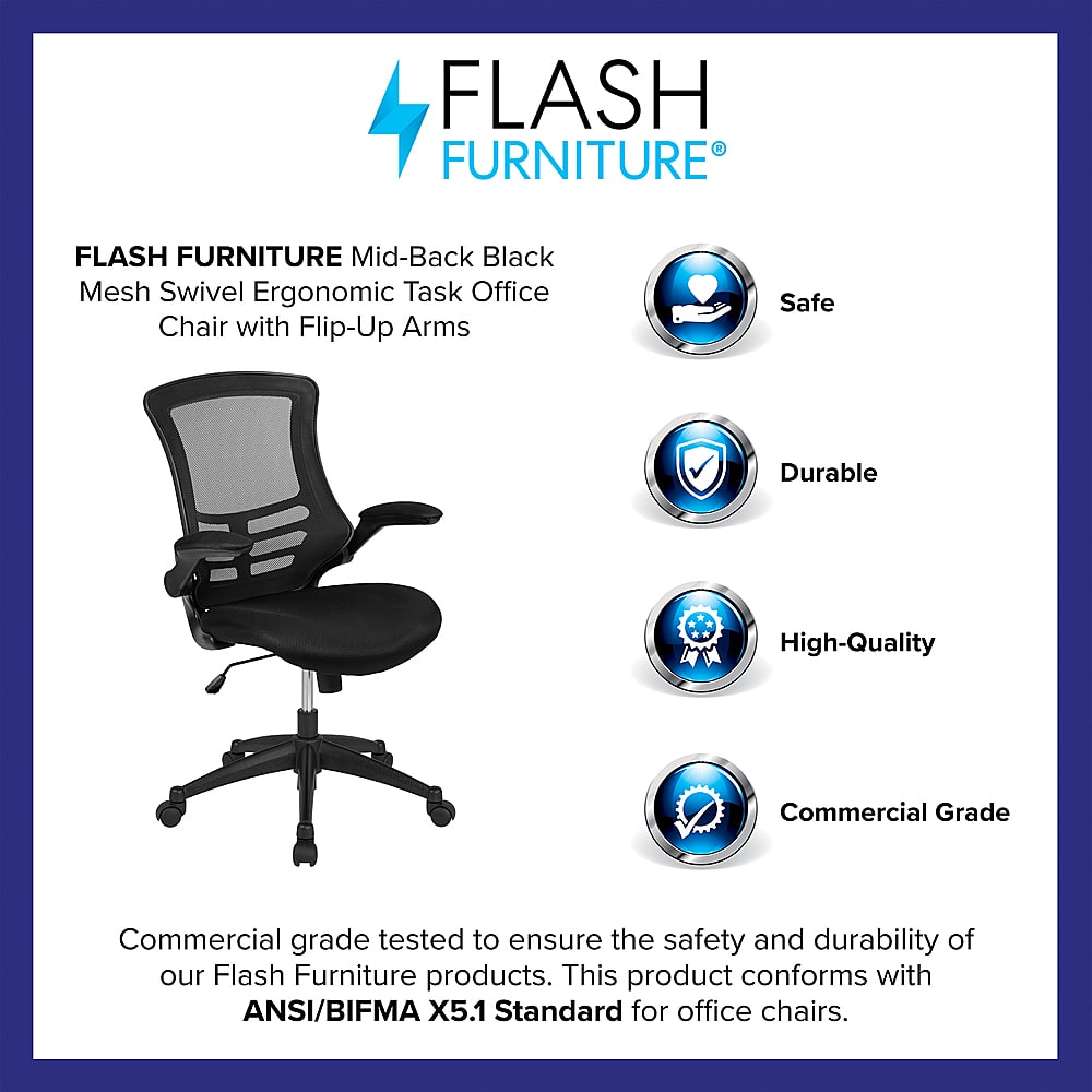 The text on the image is grouped and corrected as follows:
1. Premium Commercial Materials
2. Ventilated Mesh Mid-Back Design
3. Height Adjustable Waterfall Seat
4. Integrated Lumbar Support
5. Padded Flip-Up Arms
6. 250 Lbs. Static Weight Capacity