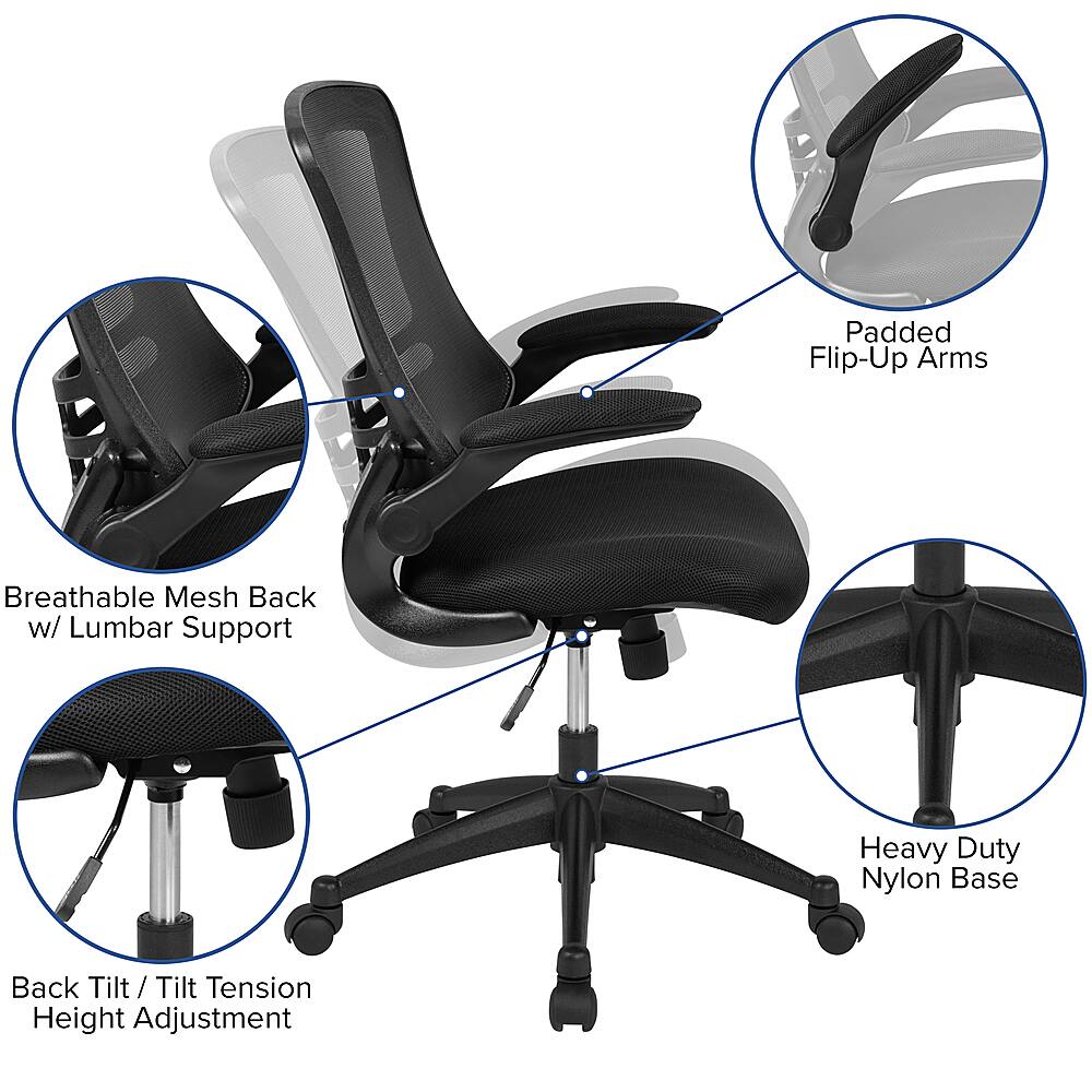The image features a black office chair with a white backrest, placed in front of a wooden desk. The chair is positioned in a room with a bookshelf, and there is a potted plant nearby. The chair is described as having a commercial use, ergonomic design, and adjustable features.