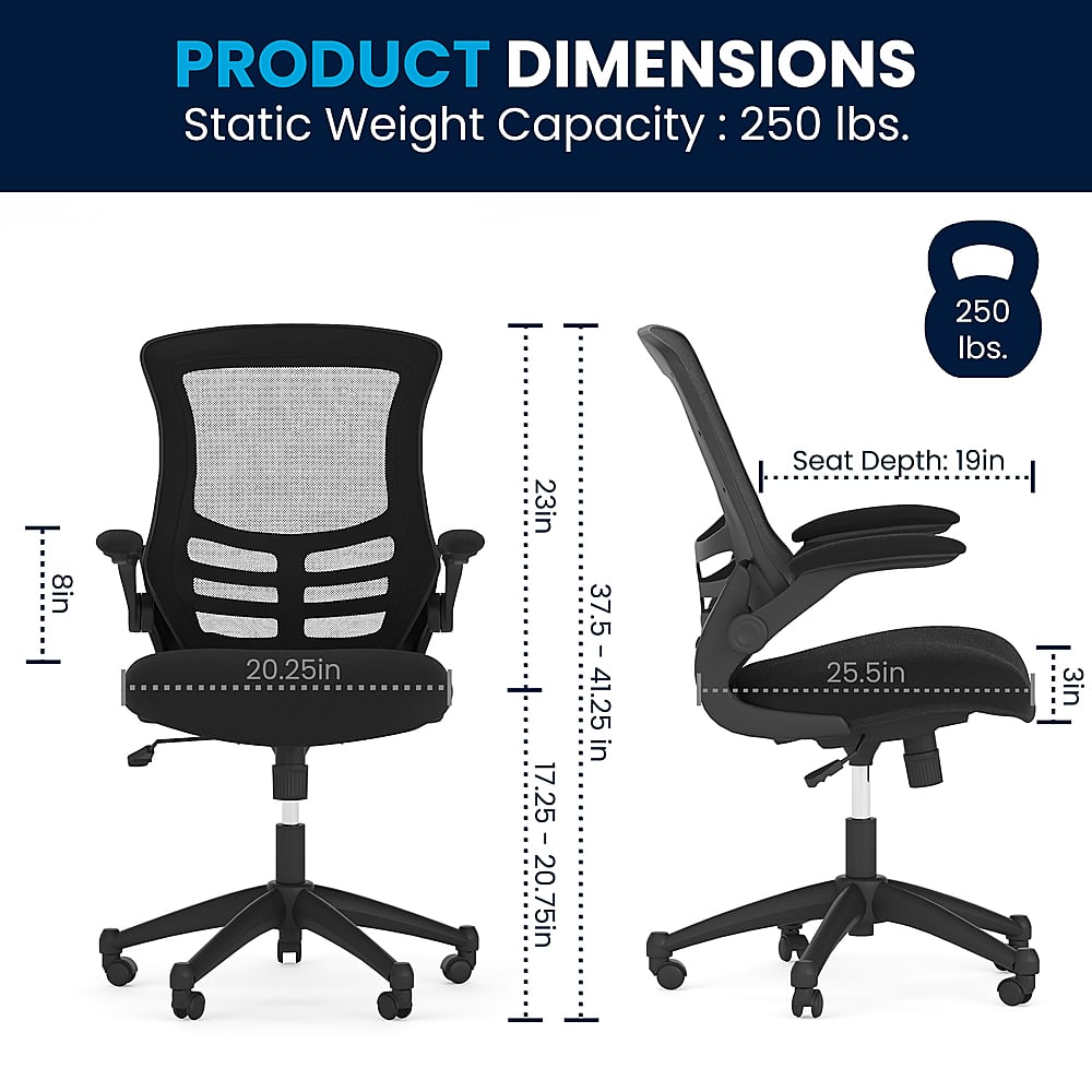 The image features two chairs, one on the left and one on the right, with their dimensions displayed. The static weight capacity for both chairs is 250 lbs. The dimensions of the chairs are as follows:
1. The chair on the left has a height of 20.25 inches, a width of 23 inches, and a seat depth of 17.25 inches.
2. The chair on the right has a height of 37.5 inches, a width of 37.5 inches, and a seat depth of 41.25 inches.