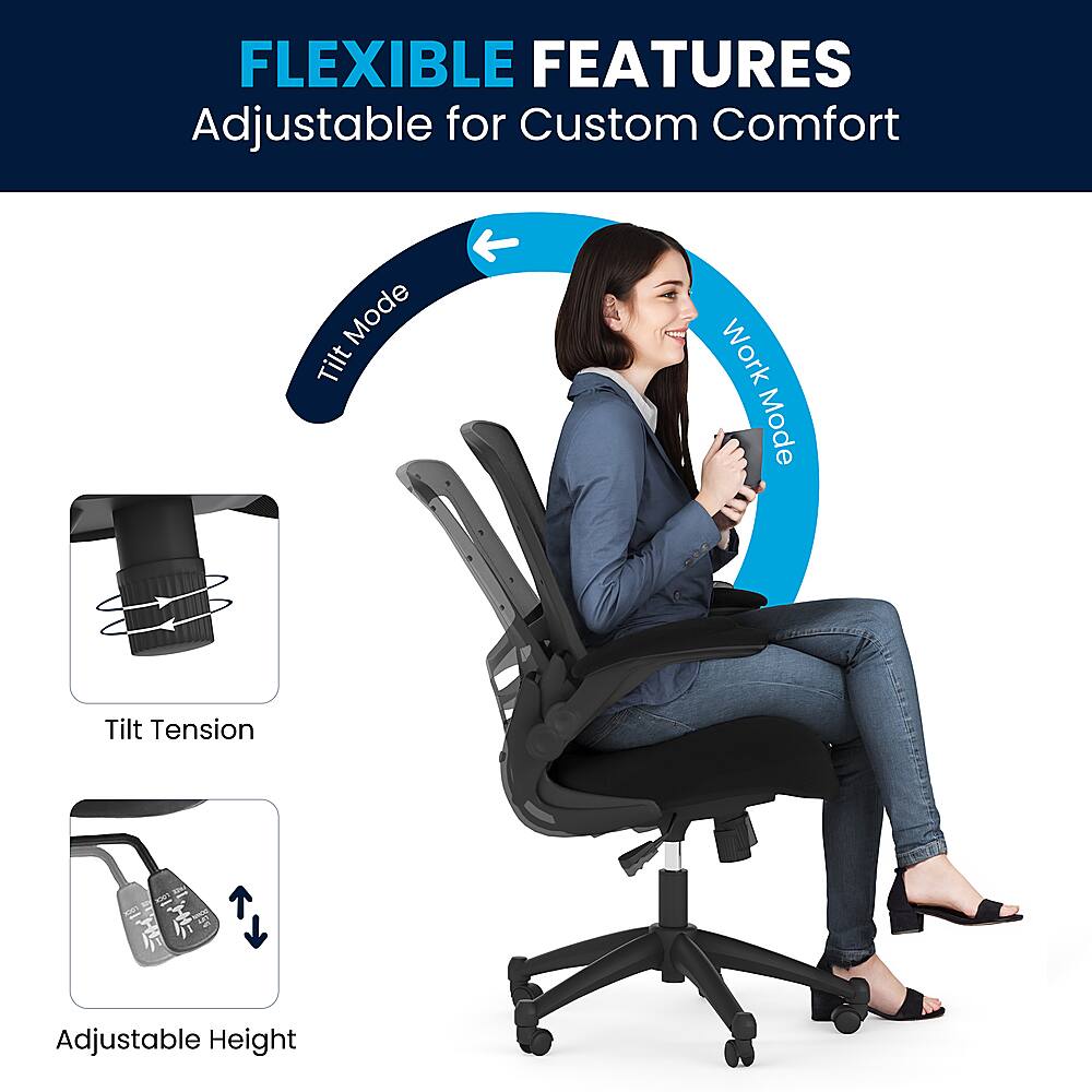 The image features a woman sitting in a black office chair with a blue shirt. The chair has a tilt function, allowing the user to adjust the angle of the chair for comfort. The chair also has a tilt tension feature, which can be adjusted to provide the desired level of support. Additionally, the chair is adjustable in height, providing custom comfort for the user. The woman is holding a cell phone, possibly taking a break or multitasking while working.