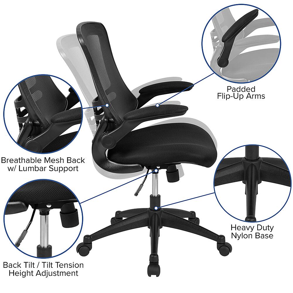 The image features a black office chair with various adjustments and features. The chair has padded flip-up arms for added comfort, a breathable mesh back with lumbar support for better posture, and a heavy-duty nylon base for stability. The chair also has a back tilt and tension adjustment for personalized comfort, and a height adjustment for optimal ergonomics.