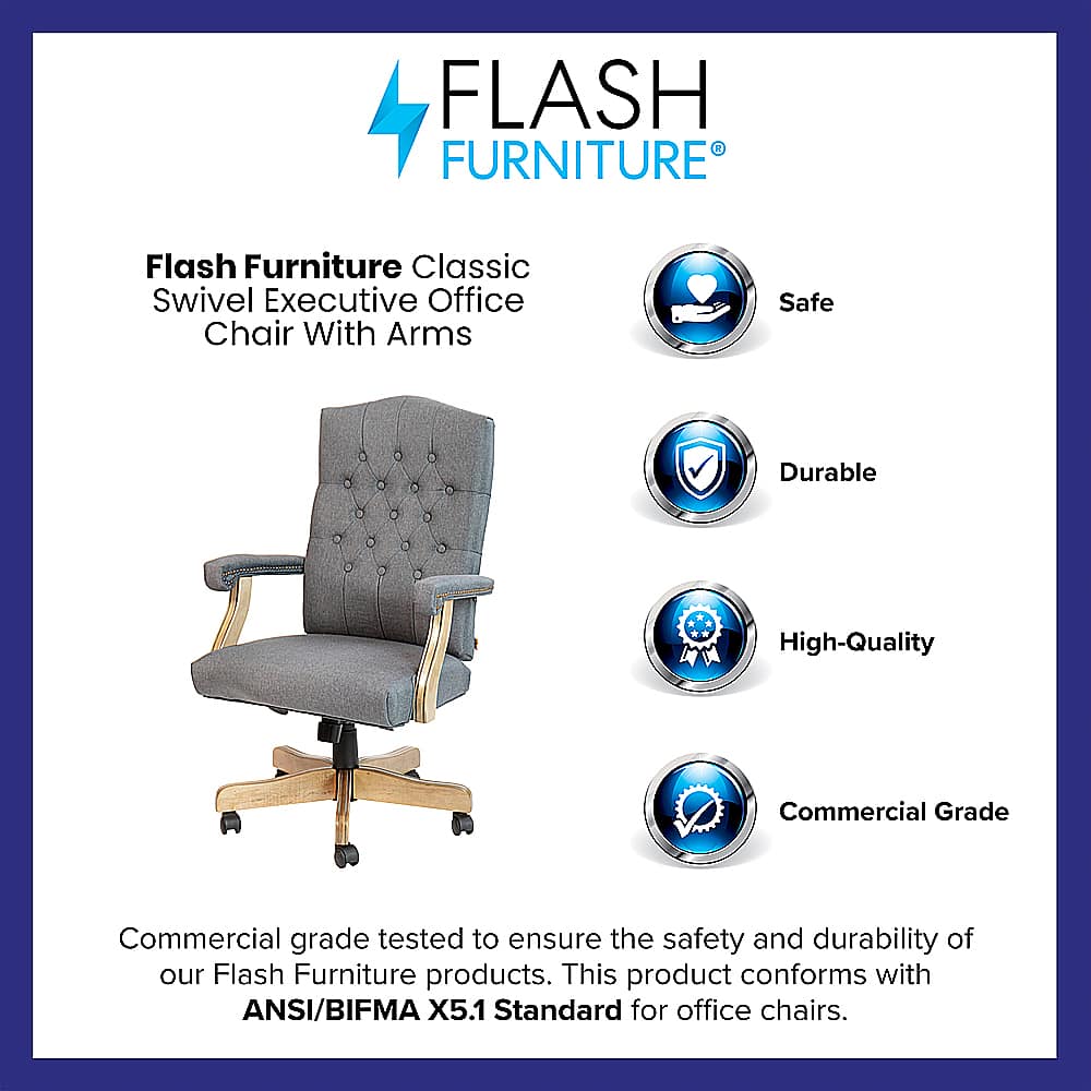 Flash Furniture Classic Swivel Executive Office Chair With Arms Safe Durable High-Quality Commercial Grade Commercial grade tested to ensure the safety and durability of our Flash Furniture products. This product conforms with ANSI/BIFMA X5.1 Standard for office chairs.