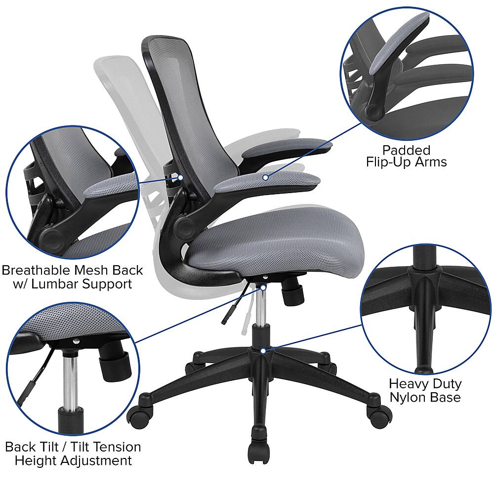 The image features a black office chair with a mesh back and a lumbar support. The chair has padded flip-up arms, which can be adjusted for added comfort. The chair also has a breathable mesh back, providing better airflow and support. The chair is designed with a heavy-duty nylon base for durability and stability. The chair can be adjusted for tilt and tension, and it has a height adjustment feature for added comfort.