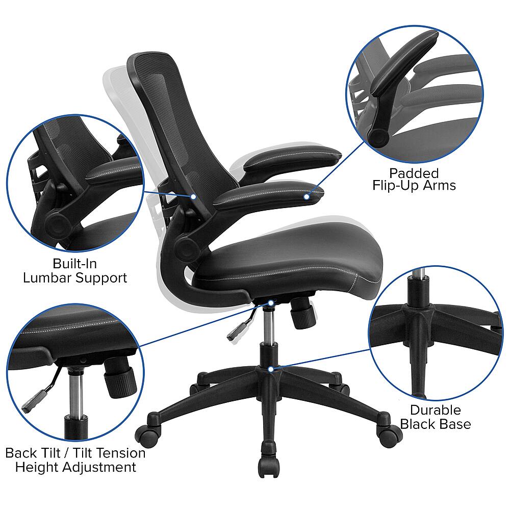 The image features a black office chair with a wooden desk in the background. The chair is positioned in front of a bookshelf, which has several books on it. The chair is designed for commercial use and is ergonomic, making it suitable for long hours of work. It is also adjustable, allowing users to customize their seating position for comfort.
