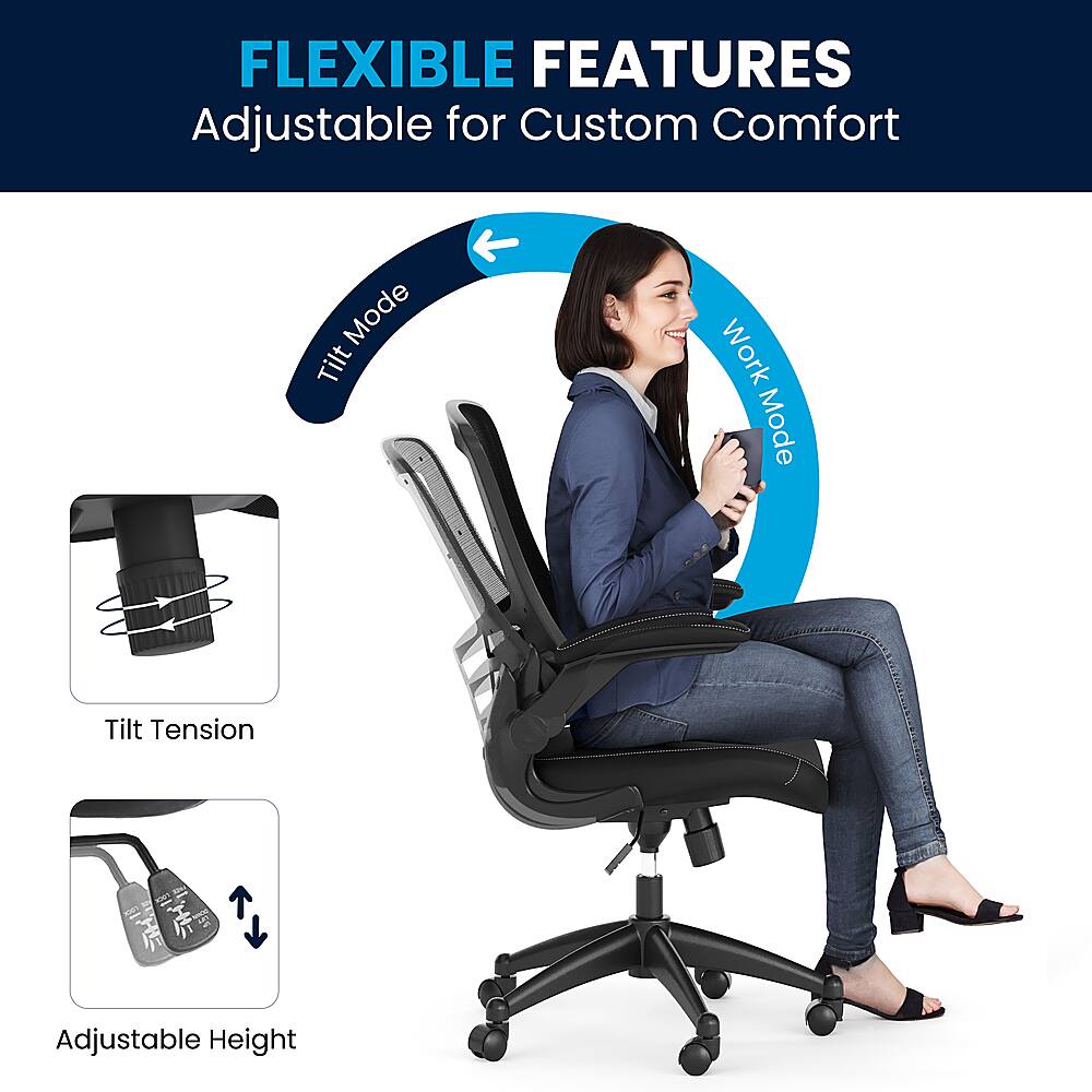 The image showcases a woman sitting on an office chair with various adjustable features. The chair has a tilt function, allowing the user to adjust the angle of the seat for better comfort and support. The chair also has a work mode, which provides additional support for the user during long hours of work. Additionally, the chair features a tilt tension adjustment, which allows the user to adjust the level of resistance when tilting the chair. The chair is also adjustable in height, providing custom comfort for the user.