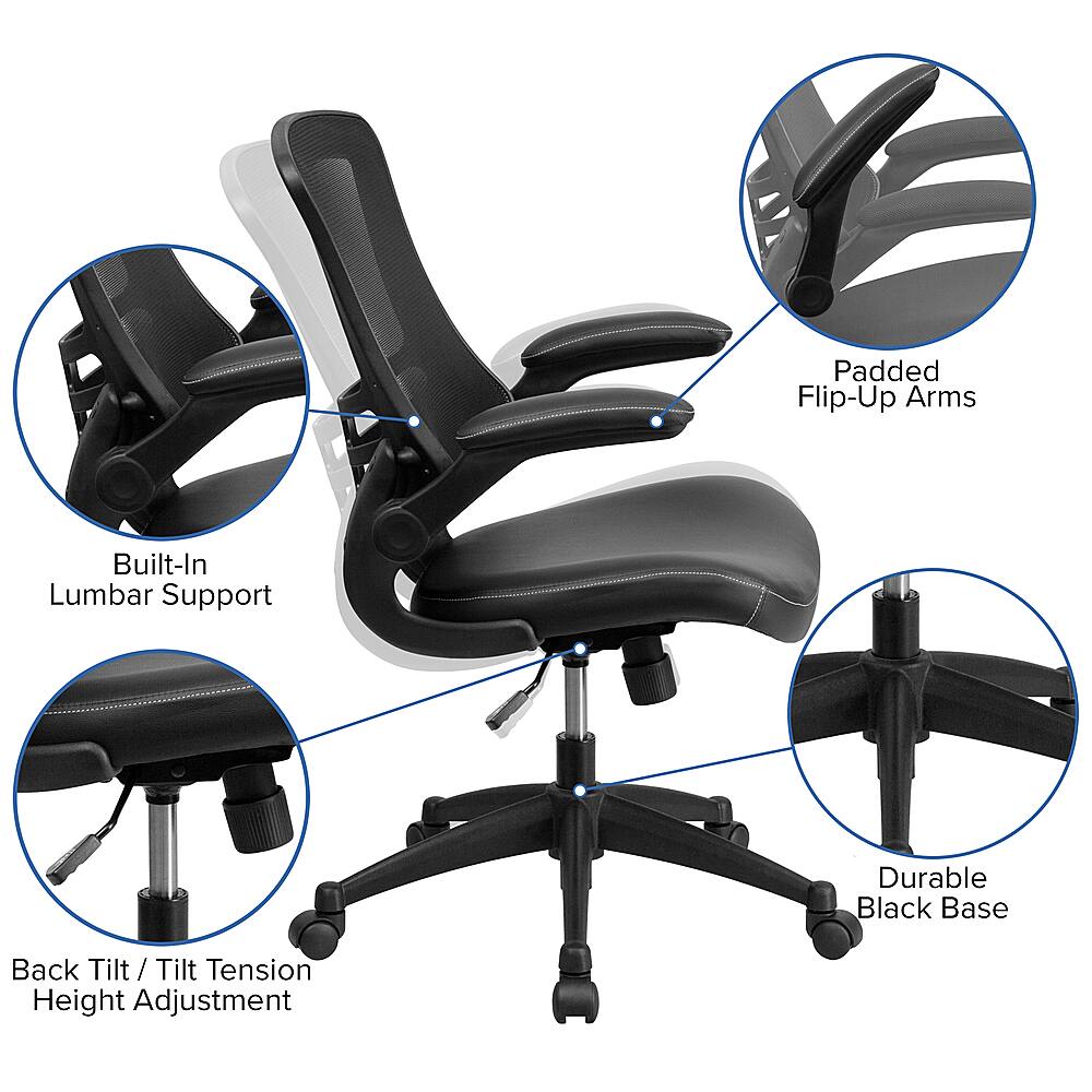 The image features a black office chair with a built-in lumbar support, which is designed to provide comfort and support for the lower back. The chair has a durable black base and is equipped with padded flip-up arms for added convenience. The chair also has a back tilt feature, allowing the user to adjust the angle of the backrest for better posture and comfort. Additionally, the chair offers height adjustment options to accommodate different users and workspaces.