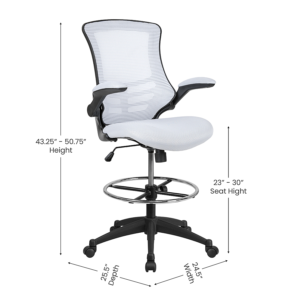 Mid-Back White Mesh Ergonomic Drafting Chair with Adjustable Foot Ring and Fl... 