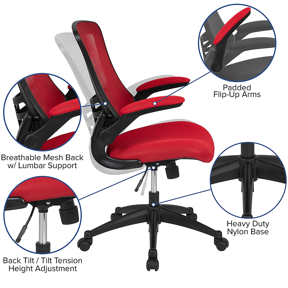 The image features a chair with a red seat and a white frame. The chair has a black armrest and a black backrest. The chair is designed with a breathable mesh back for lumbar support, and it also has a tilt and tension feature for adjusting the height. The chair is made with a heavy-duty nylon base, ensuring durability and stability.