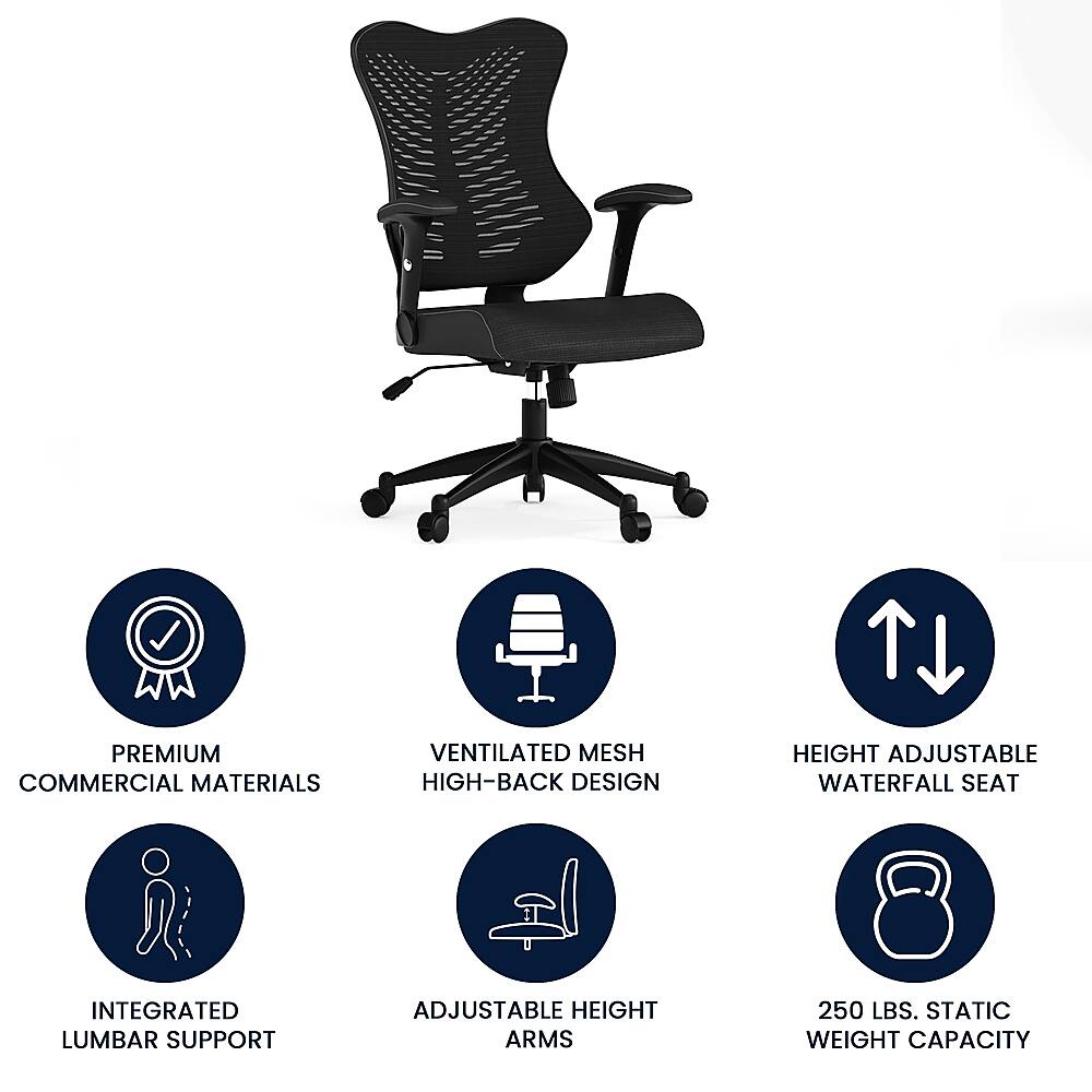 The image features a black office chair with a mesh back and wheels. The chair is described as having a high-back design, height adjustability, and an integrated lumbar support. Additionally, the chair is made of premium commercial materials and has a waterfall seat. The chair can support up to 250 lbs of static weight capacity.