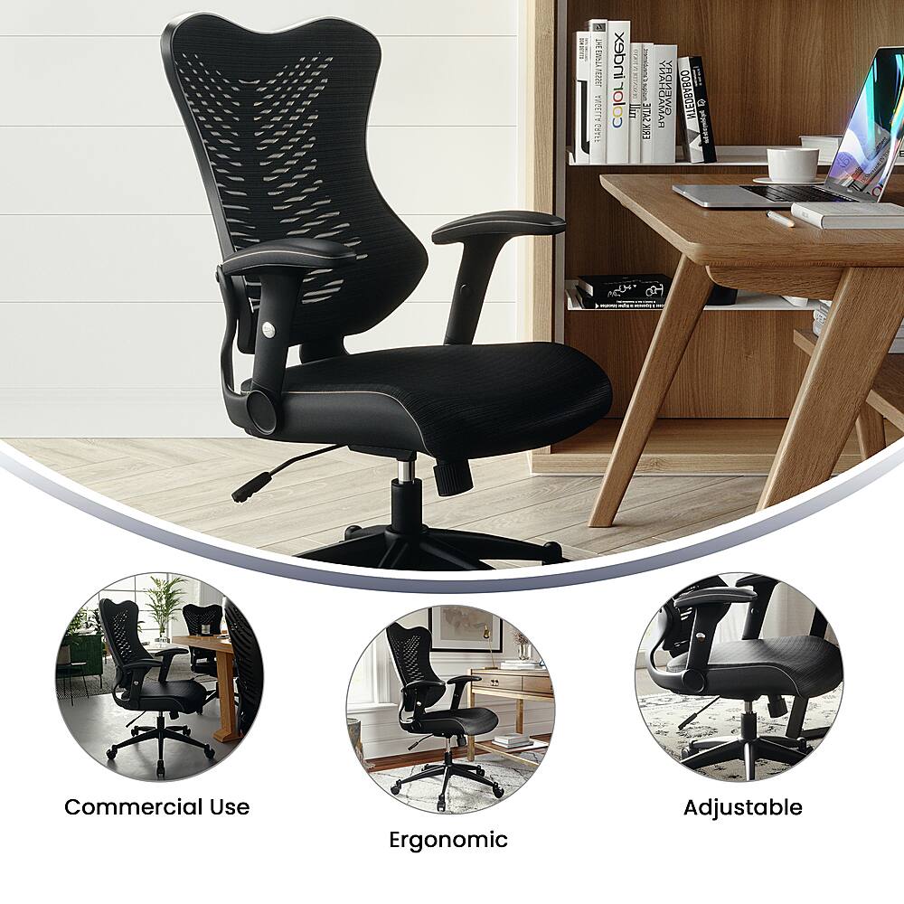 The image features a black office chair with a mesh back and wheels, placed in front of a wooden desk. The chair is designed for commercial use, ergonomics, and adjustability, making it suitable for various work environments. The desk is equipped with a laptop and a cup, indicating that it is a functional workspace. The chair is also shown in different angles, highlighting its ergonomic features and adjustability.