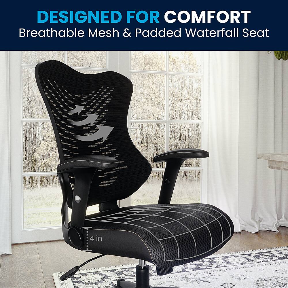 Designed for Comfort, this chair features a breathable mesh and padded waterfall seat, providing both comfort and support. The chair is black and white, with a unique design that adds visual interest to the space. The image showcases the chair in a room with a window, giving a sense of the room's atmosphere.