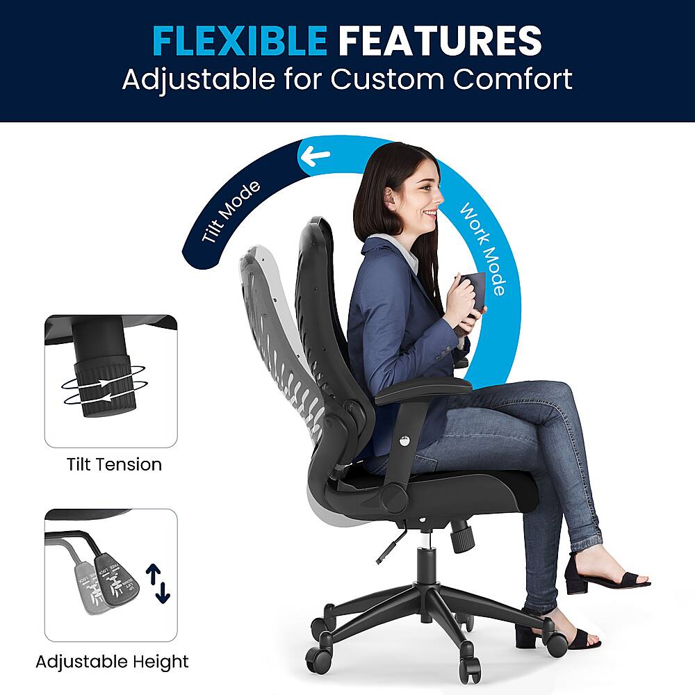 The image showcases a woman sitting on a chair with various adjustable features. The chair has a tilt mode and a work mode, allowing the user to customize their comfort and ergonomics. The chair also has an adjustable height feature, which can be adjusted to suit the user's preferences. Additionally, the chair has a tilt tension setting that can be adjusted to provide the desired level of support. The woman is smiling, indicating that she is comfortable and satisfied with the chair's adjustable features.