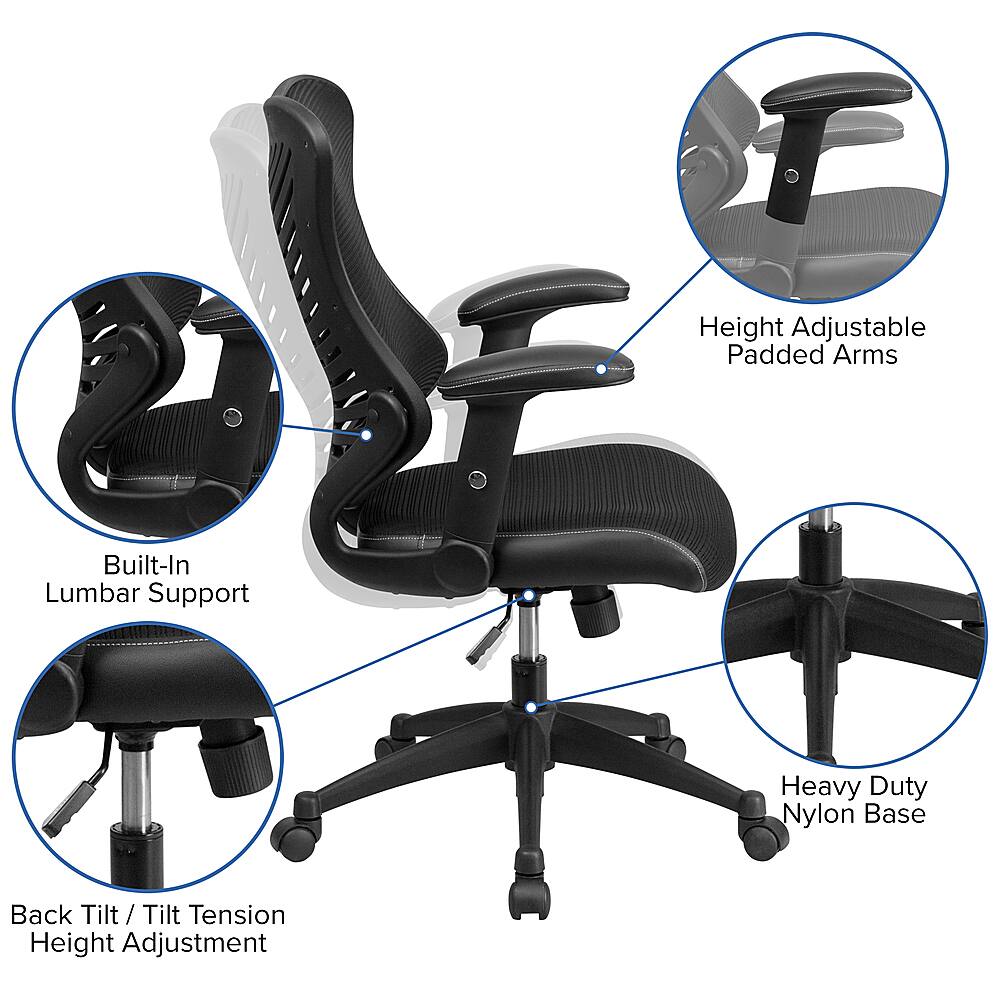The image features a black office chair with a variety of adjustable features. It has a built-in lumbar support for added comfort, and the chair is height adjustable, allowing users to customize their sitting position. The chair also has padded arms for added support and comfort. The chair is designed with a heavy-duty nylon base, ensuring stability and durability. The chair is shown in different positions, including a back tilt, which allows users to adjust the angle of the chair back for added comfort. The chair is also equipped with a tilt and tension feature, which allows users to adjust the chair's angle and support for a personalized sitting experience.