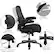 The image shows a black office chair with various features labeled. The chair has a padded flip-up arm, an adjustable lumbar support, and a back tilt. The chair also has a tilt tension feature, which allows for adjusting the tilt angle. The chair has a height adjustment feature, making it suitable for users of different heights. Additionally, the chair has a heavy-duty black metal base, ensuring stability and durability.