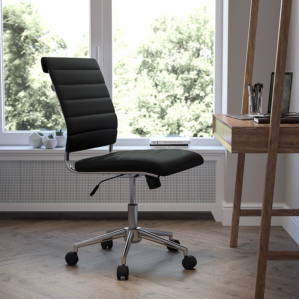 Alt View 12. Alamont Home - Hansel Contemporary Leather/Faux Leather Ribbed Executive Swivel Mid-Back Office Chair - Black.