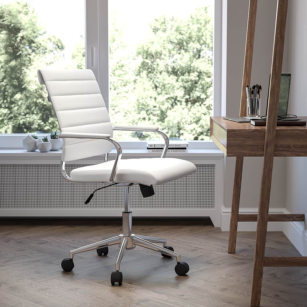 Alt View 12. Alamont Home - Hansel Contemporary Leather/Faux Leather Ribbed Executive Swivel Mid-Back Office Chair - White.