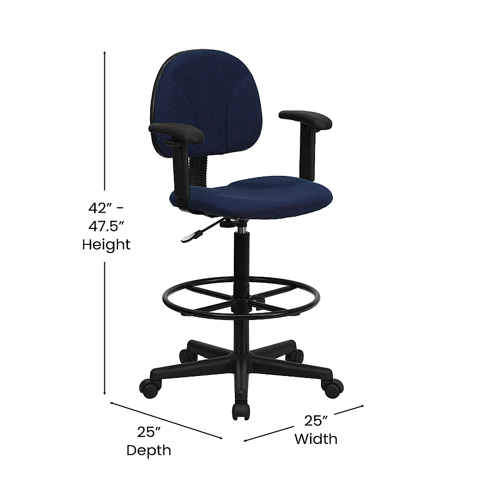 Cylinders: 22.5-27H or 26-30.5H Flash Furniture Navy Blue Patterned Fabric Drafting Chair with Adjustable Arms 