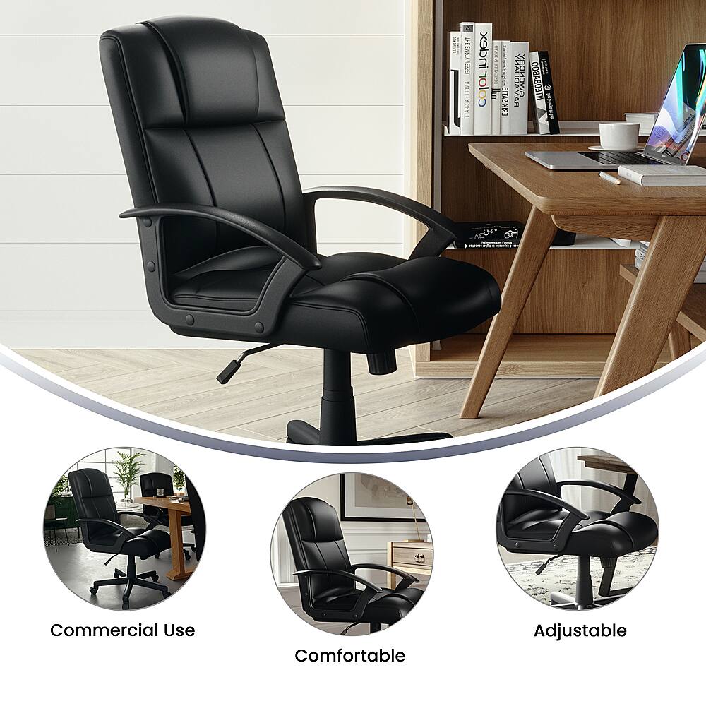 The image features a black office chair with various adjustable options, including a reclining feature. The chair is placed in front of a wooden desk, which has a laptop and a cup on it. The scene also includes a potted plant and a bookshelf nearby. The chair is described as being suitable for commercial use, comfortable, and adjustable, making it a versatile and practical choice for an office setting.