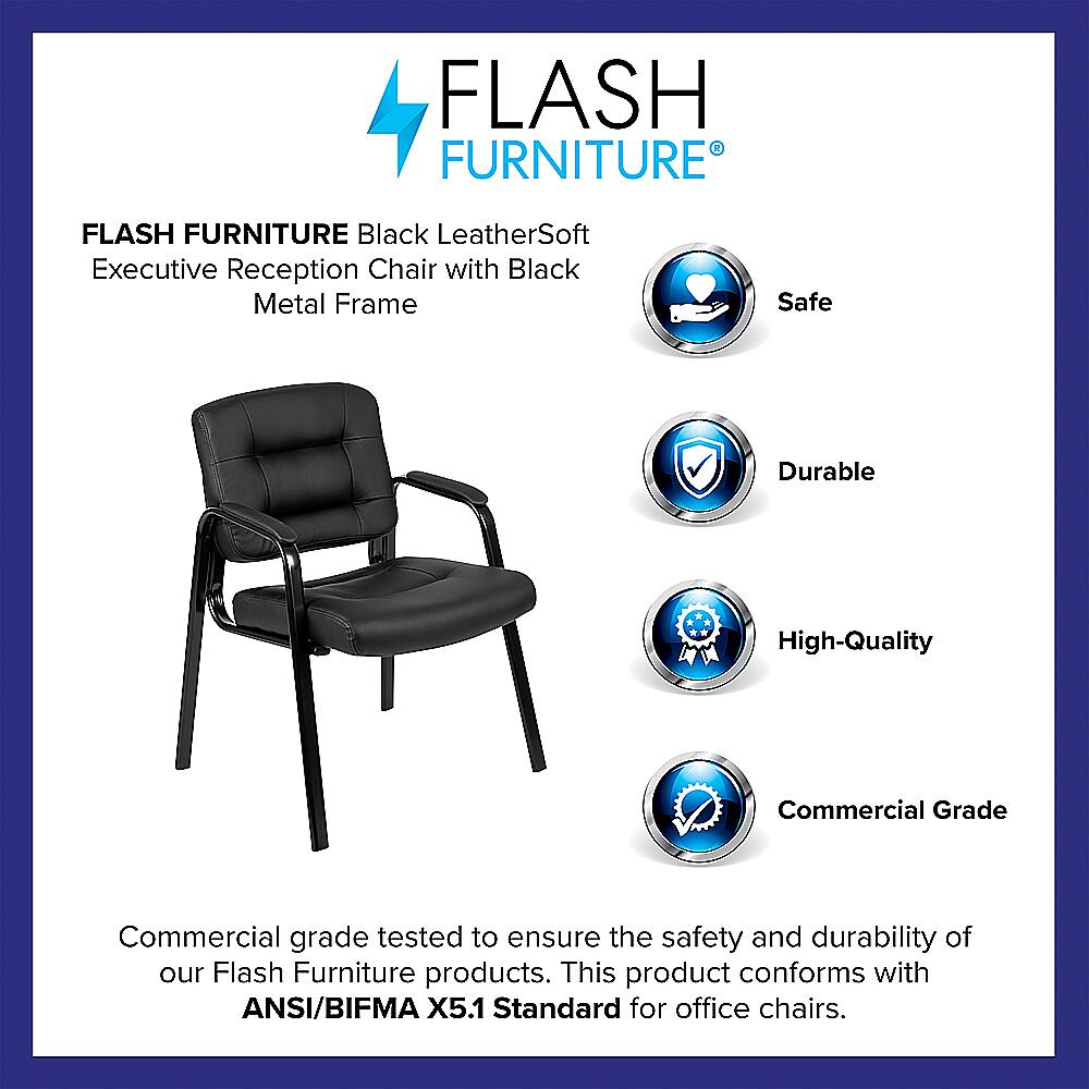 Flash Furniture is the brand name of this black leather-soft executive reception chair with a black metal frame. The chair is designed to be safe, durable, and of high-quality, making it suitable for commercial use. The product has been tested to ensure its safety and durability, and it meets the ANSI/BIFMA X5.1 Standard for office chairs.