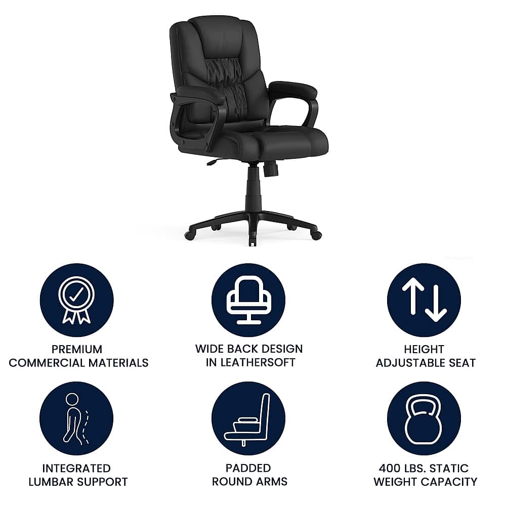 The image features a black office chair with a wide back design and a height adjustable seat. The chair is made from premium commercial materials, including leathersoft, and has integrated lumbar support for added comfort. The chair also has padded round arms, providing additional support and comfort. The chair is designed to hold up to 400 lbs of static weight capacity, making it suitable for heavy-duty use in an office setting.