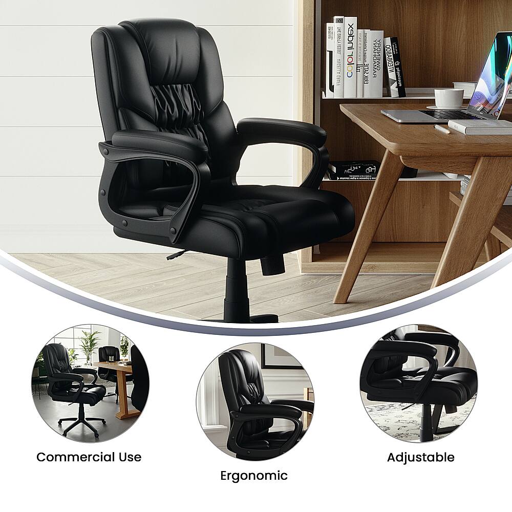 The image features a black office chair in a room with a desk and a laptop. The chair is described as a commercial use chair, ergonomic, and adjustable. The room also contains a bookshelf with several books on it. The chair is positioned in front of the desk, and the laptop is placed on the desk. The room appears to be a workspace or office environment.