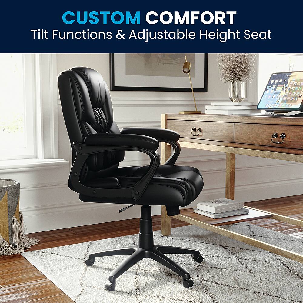 The image showcases a black office chair with a tilt function and adjustable height, which is part of the Custom Comfort series. The chair is placed on a wooden floor, and there is a desk nearby. The desk has a laptop and a keyboard on it, indicating that it is a workspace. The overall scene suggests a comfortable and ergonomic environment for work or study.