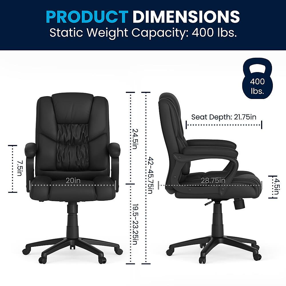 PRODUCT DIMENSIONS:
Static Weight Capacity: 400 lbs.
Seat Depth: 21.75in
Seat Height: 28.75in
Seat Width: 42-45.75in
Armrest Height: 19.5-23.25in
Overall Height: 42-45.75in
The image shows two chairs, one on the left and one on the right, with their dimensions displayed next to them. The chairs are designed to hold a static weight capacity of 400 lbs. The seat depth is 21.75 inches, and the seat height is 28.75 inches. The seat width is 42-45.75 inches, and the armrest height is 19.5-23.25 inches. The overall height of the chairs is 42-45.75 inches.