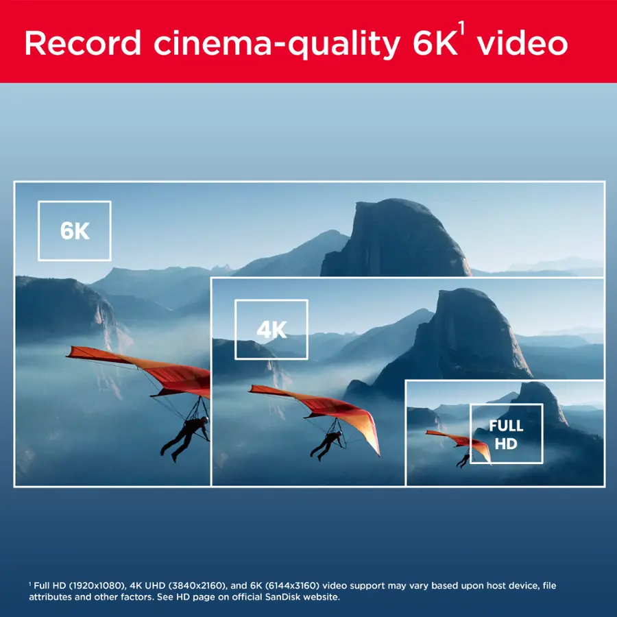 Record cinema-quality 6K video. 6K, 4K, FULL HD (1920x1080), and 4K UHD (3840x2160) video support may vary based on host device, file attributes, and other factors. See HD page on official SanDisk website.
