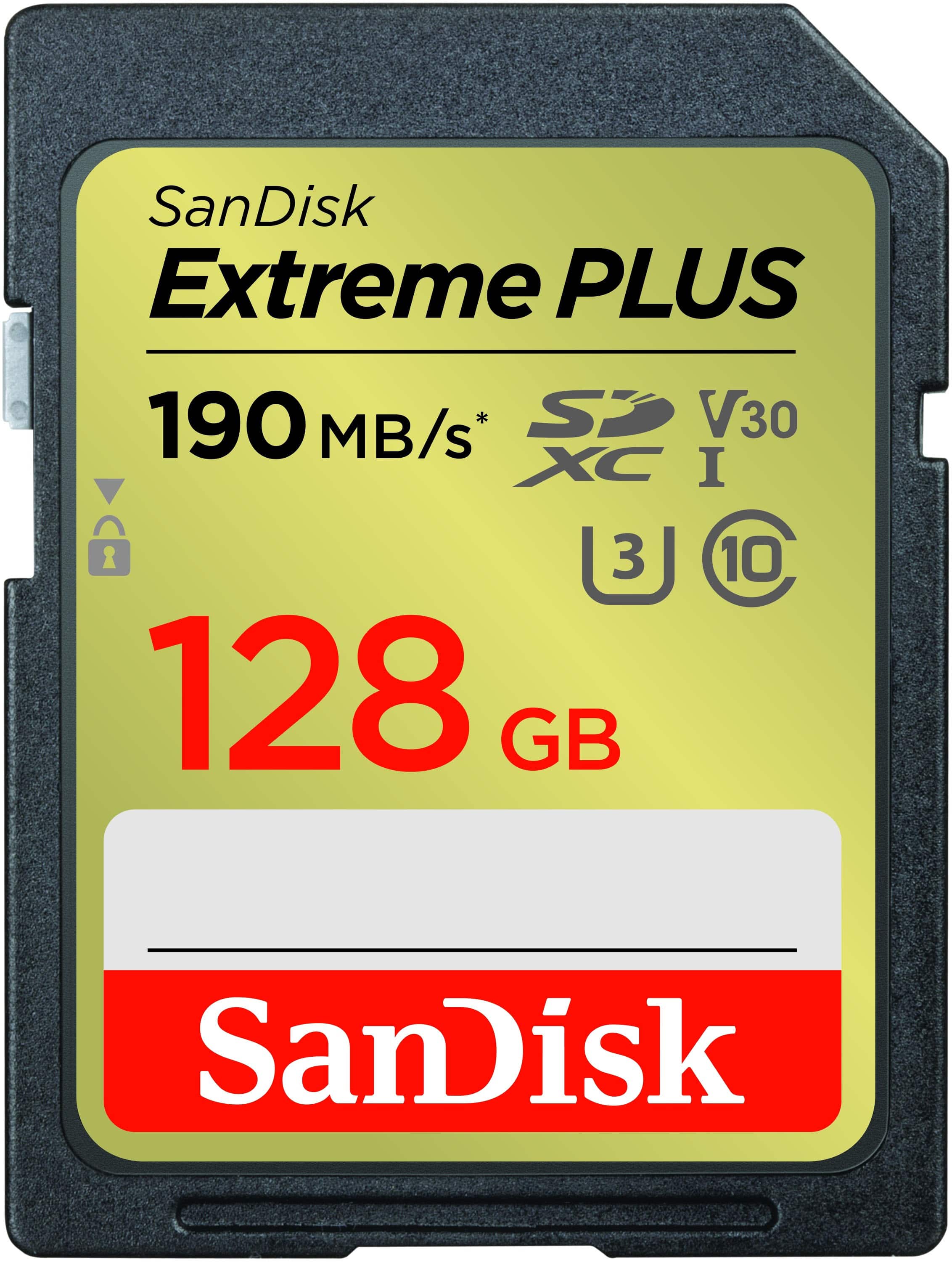 Front. SanDisk - Extreme PLUS 128GB SDXC UHS-I Memory Card - Black/Brown.