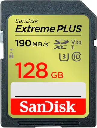 Front. SanDisk - Extreme PLUS 128GB SDXC UHS-I Memory Card - Black/Brown.