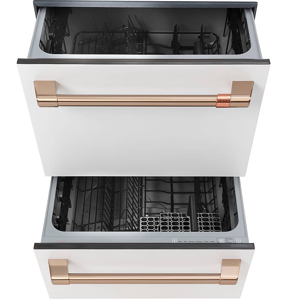 Angle. Café - 24" Top Control Built-In Double Drawer Dishwasher, Customizable - Matte White.