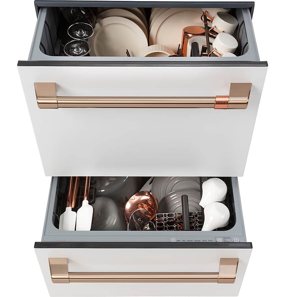 Left. Café - 24" Top Control Built-In Double Drawer Dishwasher, Customizable - Matte White.