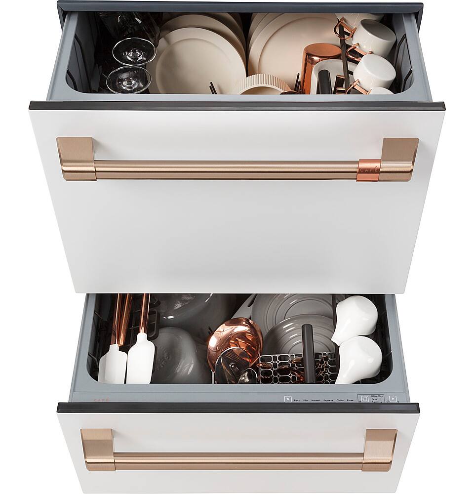 Left. Café - 24" Top Control Built-In Double Drawer Dishwasher, Customizable - Matte White.