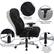 The image features a black office chair with a chrome base and dual wheel casters. The chair has a black fabric upholstery and is height adjustable with a tilt function. It also has padded arms for added comfort. The chair is designed for heavy-duty use and is suitable for various office settings.