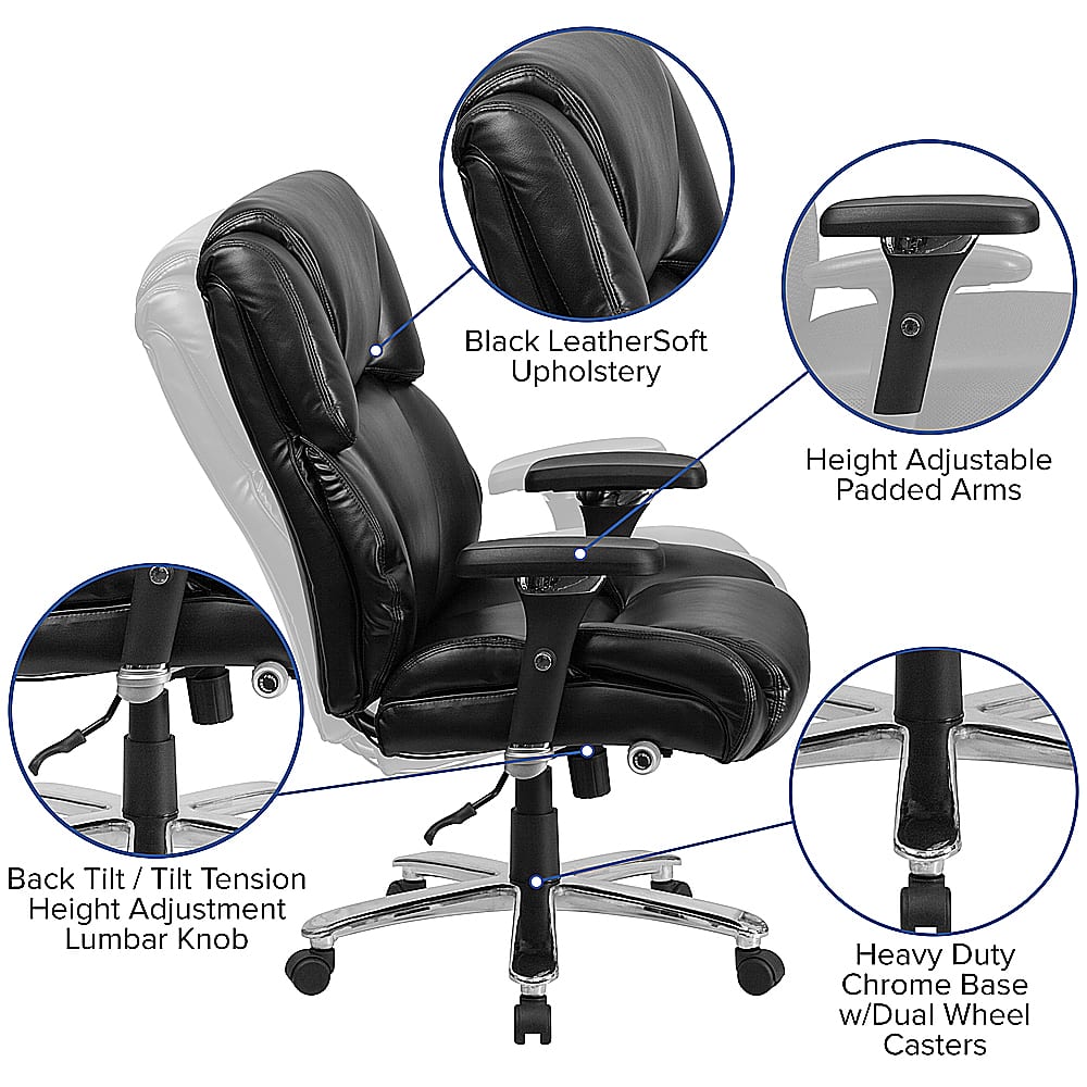 Black LeatherSoft Upholstery Height Adjustable Padded Arms Back Tilt/ Tilt / Tilt Tension Height Adjustment Lumbar Knob Heavy Duty Chrome Base w/Dual Wheel Casters