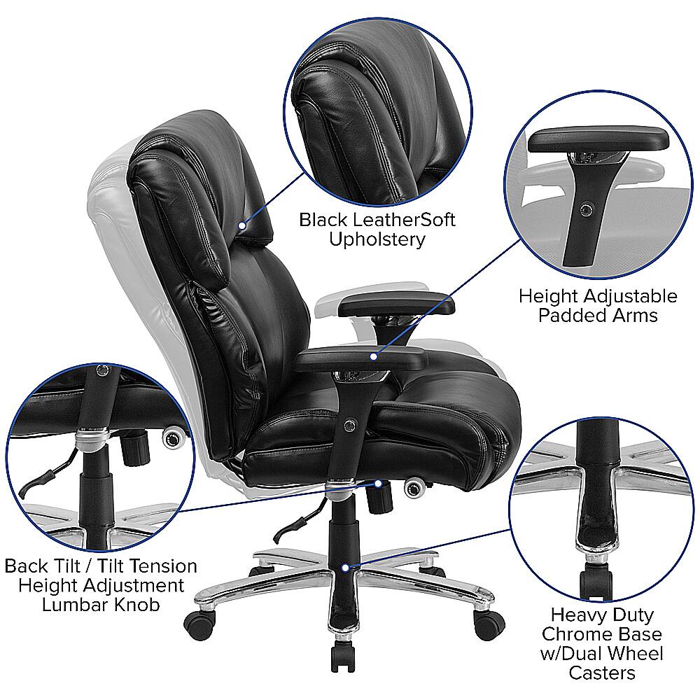 Black LeatherSoft Upholstery Height Adjustable Padded Arms Back Tilt/ Tilt / Tilt Tension Height Adjustment Lumbar Knob Heavy Duty Chrome Base w/Dual Wheel Casters