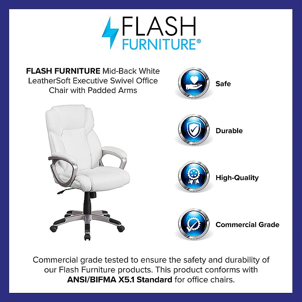 Flash Furniture is a brand that offers high-quality, durable, and safe office chairs. Their mid-back white leather-soft executive swivel office chair with padded arms is a commercial-grade product that has been tested to ensure its safety and durability. This product meets the ANSI/BIFMA X5.1 Standard for office chairs, which is a standard for office chairs that ensures they are safe, durable, and comfortable.