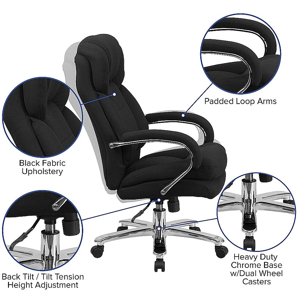 The image features a black office chair with a chrome base and dual wheel casters. The chair has padded loop arms and is upholstered in black fabric. It also has a back tilt and tension adjustment, allowing for comfortable use. The chair is designed for heavy duty and is suitable for various office settings.