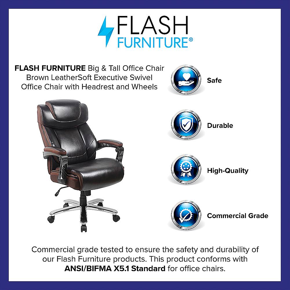 Flash Furniture Big & Tall Office Chair - Brown LeatherSoft Executive Swivel Office Chair with Headrest and Wheels - Safe, Durable, High-Quality, Commercial Grade - ANSI/BIFMA X5.1 Standard for office chairs.