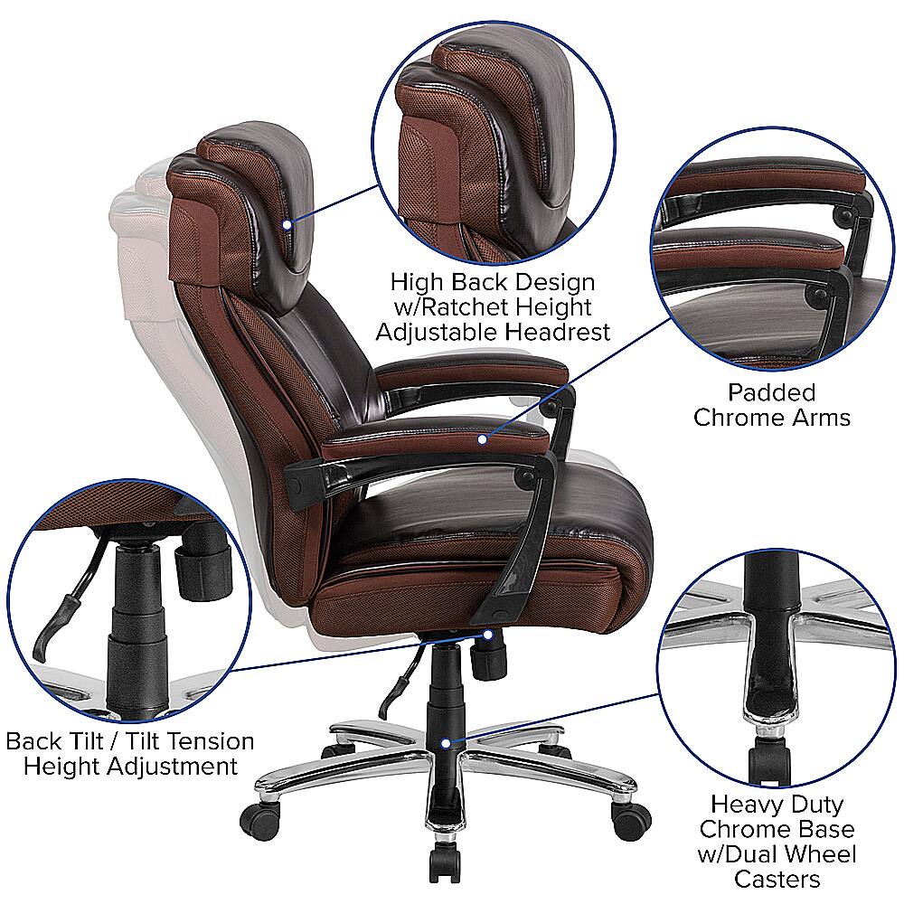 The image features a chair with various labels and descriptions, including "High Back Design w/Ratchet Height Adjustable Headrest," "Padded Chrome Arms," "Back Tilt / Tilt Tension Height Adjustment," "Heavy Duty Chrome Base w/Dual Wheel Casters," and "Adjustable Headrest." The chair is shown in different positions, such as the back of the chair and the side view. The labels provide information about the chair's features and adjustability options, making it a versatile and comfortable seating option.