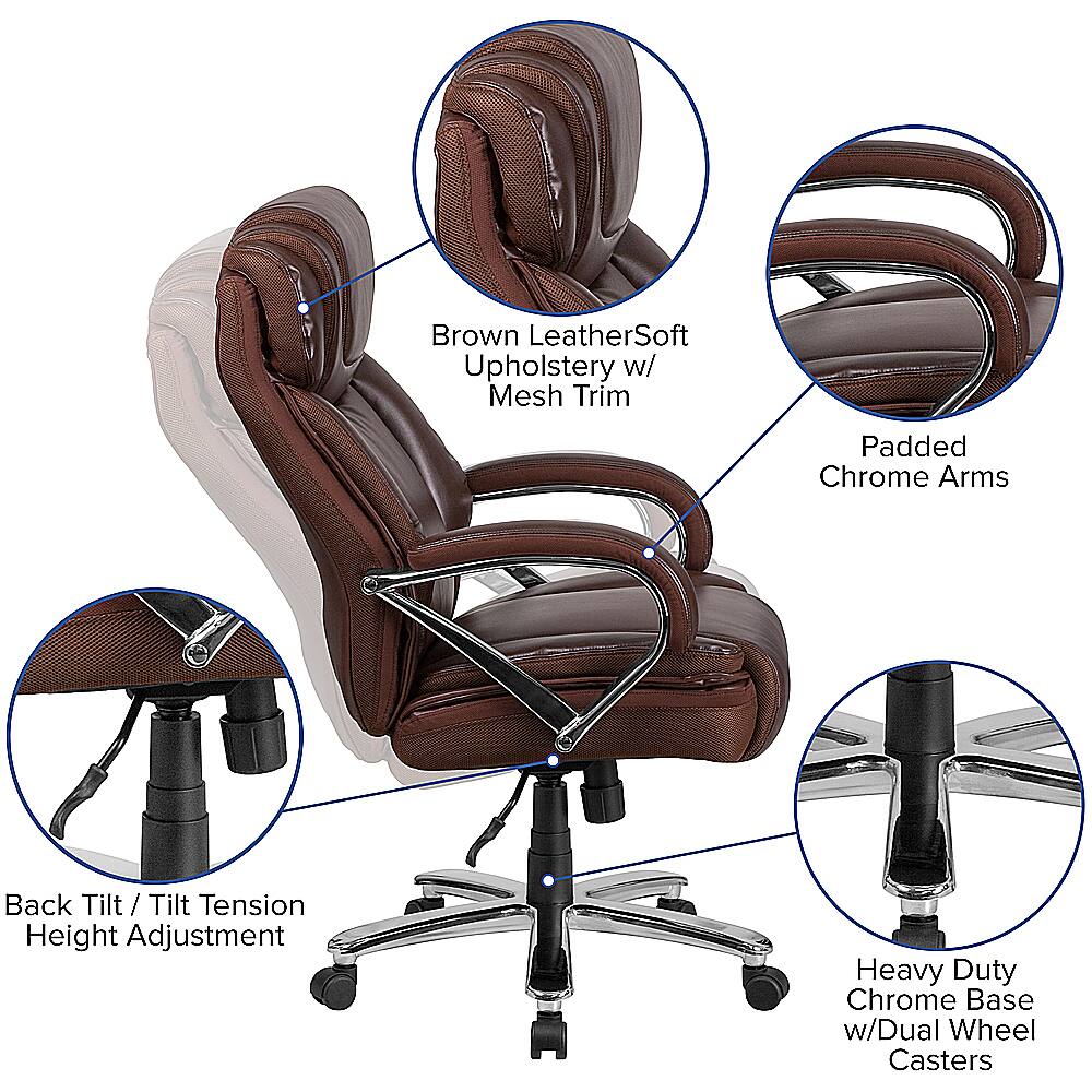 The image features a brown leather office chair with a mesh trim, padded chrome arms, and a back tilt function. The chair also has a tilt tension adjustment and a height adjustment feature. The chair is supported by a heavy duty chrome base with dual wheel casters.