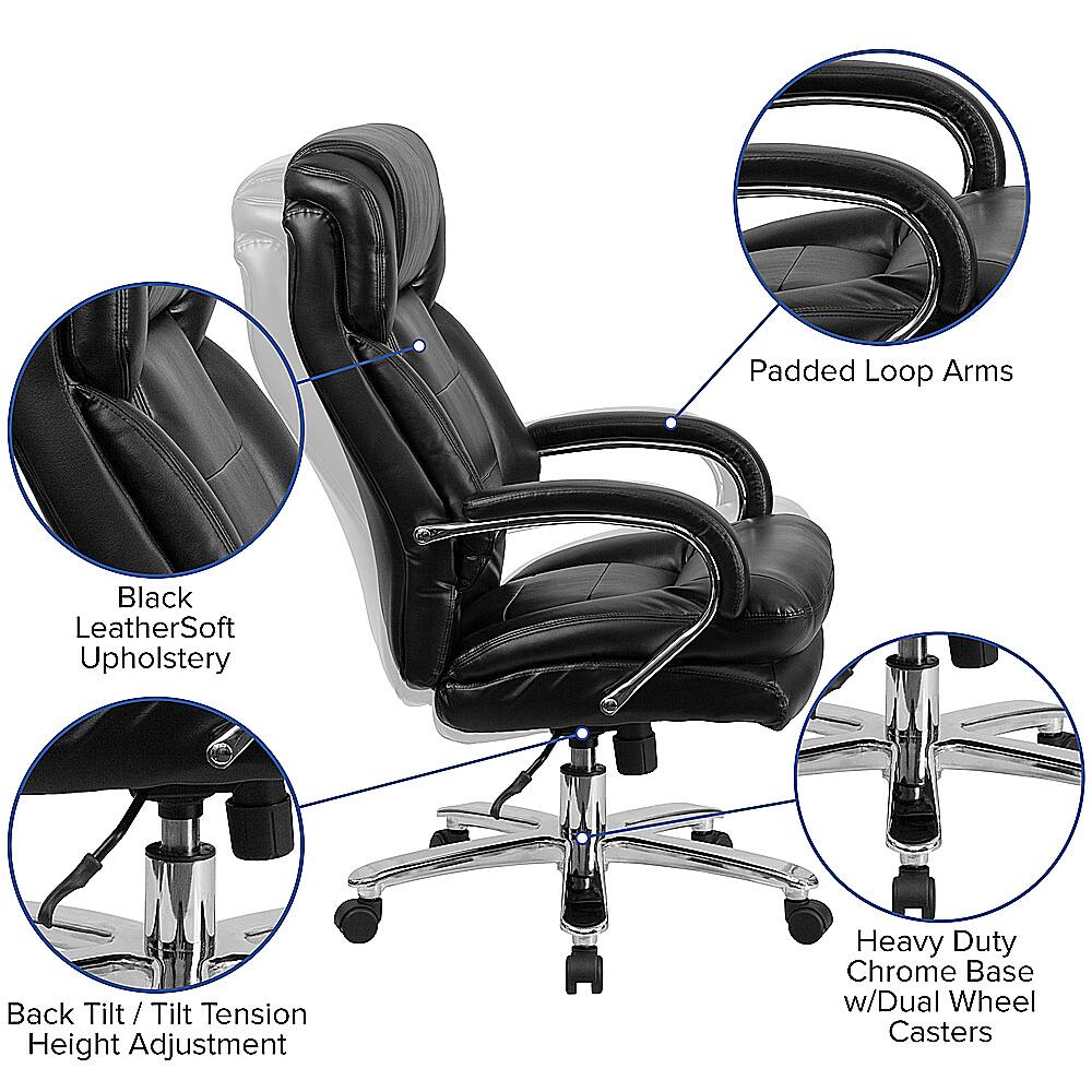 The image features a black leather office chair with a chrome base and dual wheel casters. The chair has padded loop arms for added comfort and support. It also has a back tilt and tilt tension adjustment, allowing the user to adjust the chair's position according to their preferences. The chair is designed for heavy-duty use and is suitable for various office settings.