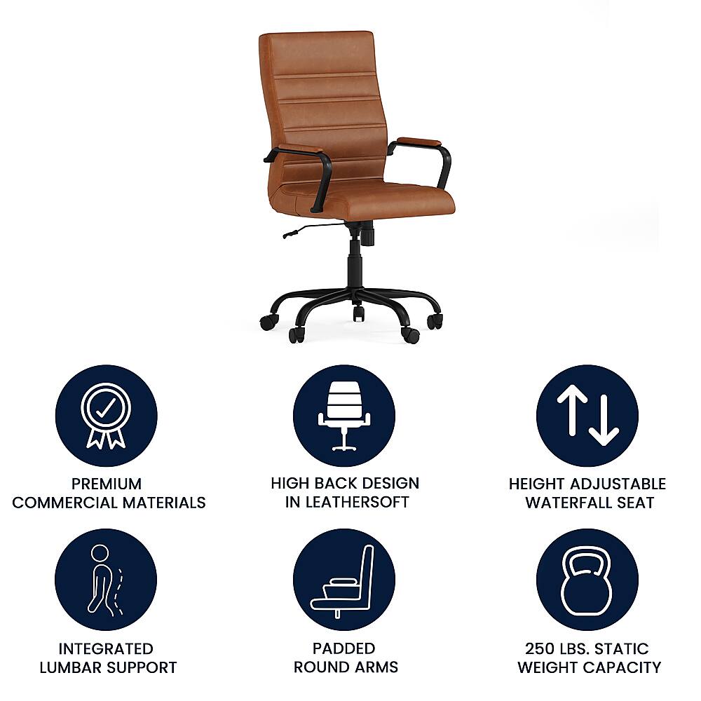 The text on the image describes a premium commercial leather chair with a high back design, height adjustability, and a waterfall seat. It also features integrated lumbar support, padded round arms, and a static weight capacity of 250 lbs.